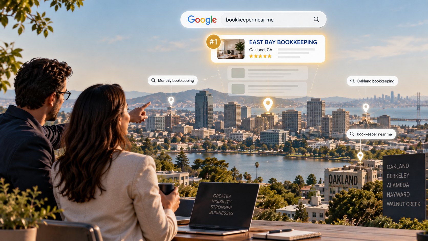 Bookkeeping search engine optimization firm concept - an Oakland bookkeeping practice ranking #1 for bookkeeper near me above the East Bay skyline