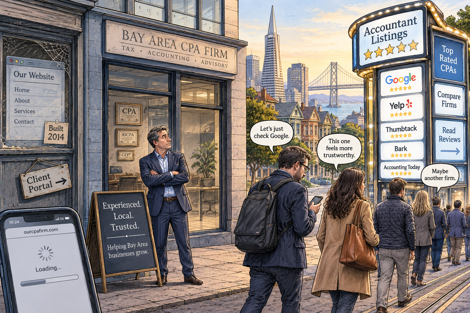 Illustration of a CPA firm storefront with a cobwebbed outdated website next to a lit-up directory listings billboard full of star reviews