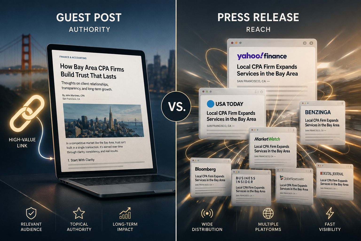 Guest Post Authority vs Press Release Reach comparison graphic for Bay Area CPA firms