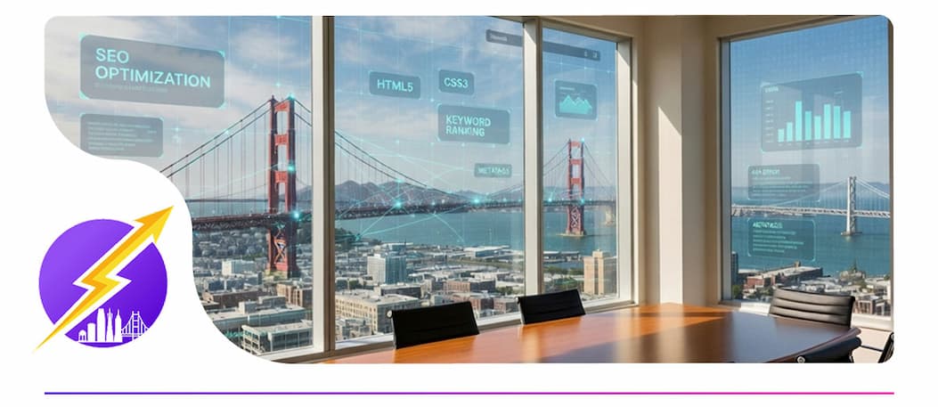 AI-backed website concept - a San Francisco boardroom overlooking the Golden Gate with SEO, keyword ranking and analytics overlays