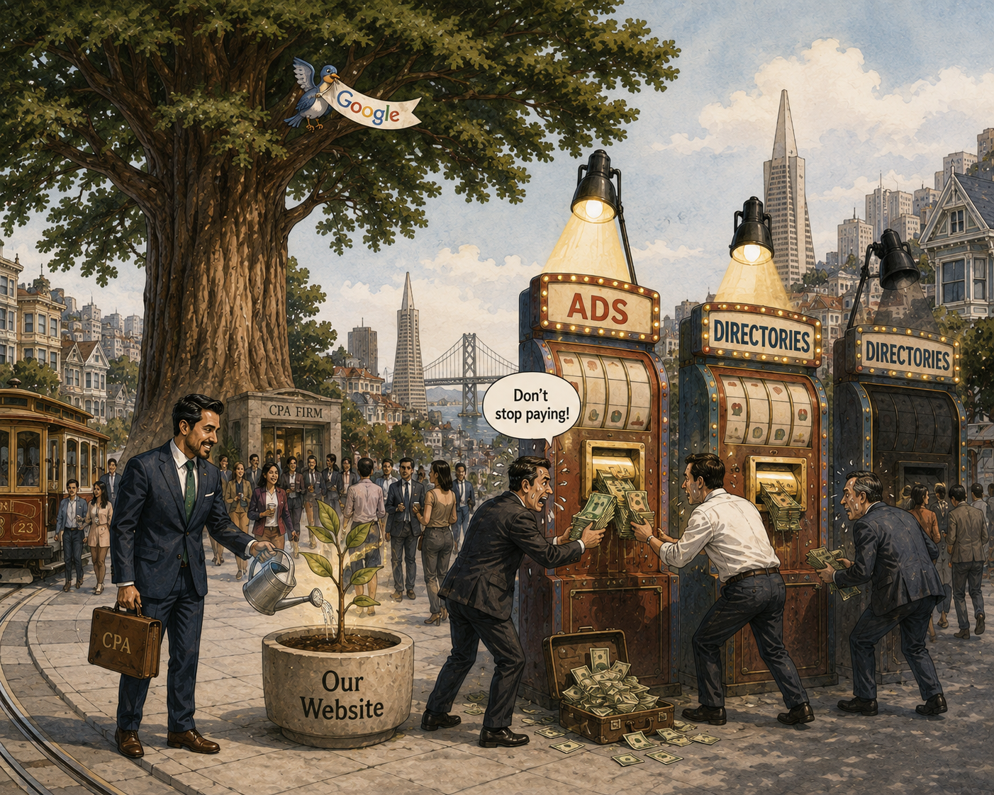 Illustration of a CPA planting a tree labeled Our Website while others feed cash into slot machines labeled Ads and Directories, Google bird flying above