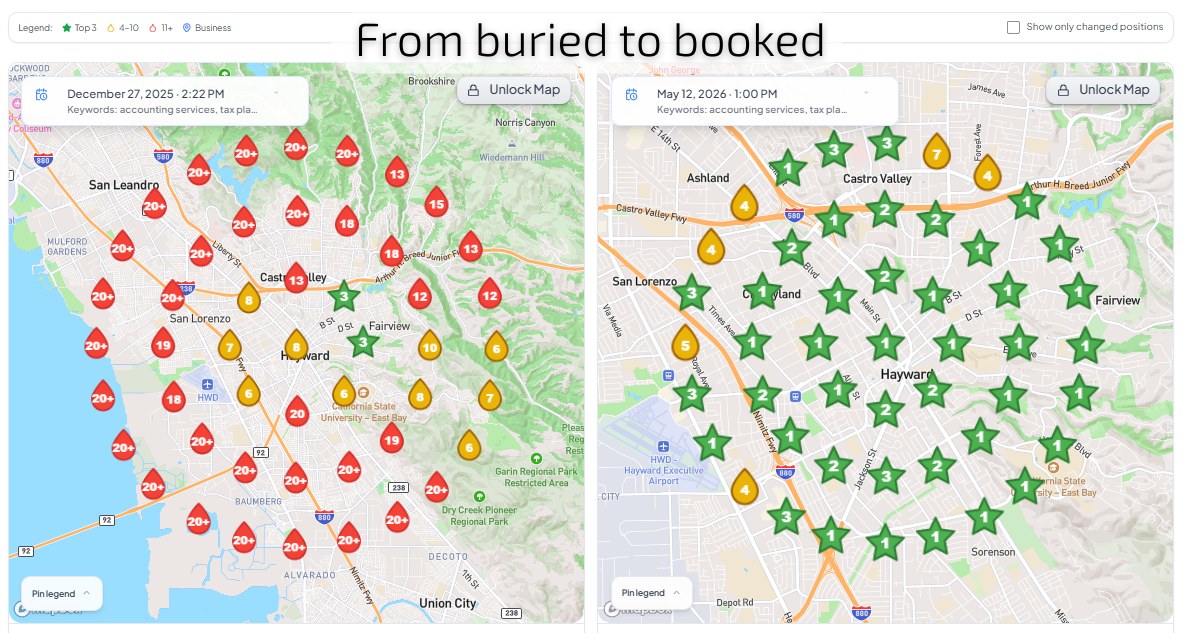 Local ranking grid for a Hayward accounting practice, December 2025 versus May 2026 - red 20+ pins across the East Bay replaced by green top-three stars