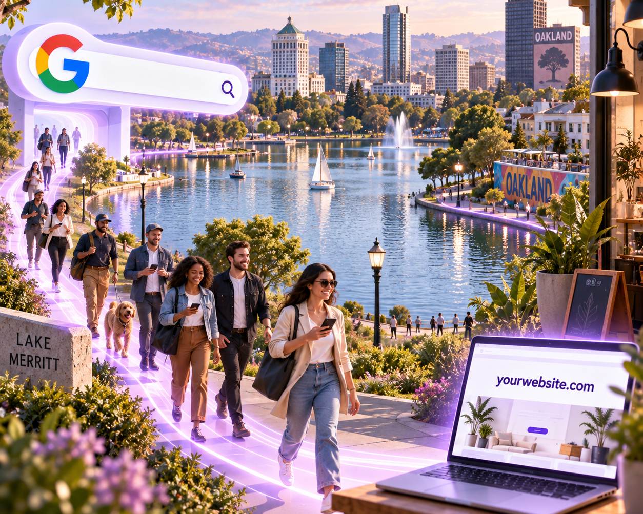 People walking a glowing path along Lake Merritt from Google local search results to a business website, with the Oakland skyline and OAKLAND mural behind them